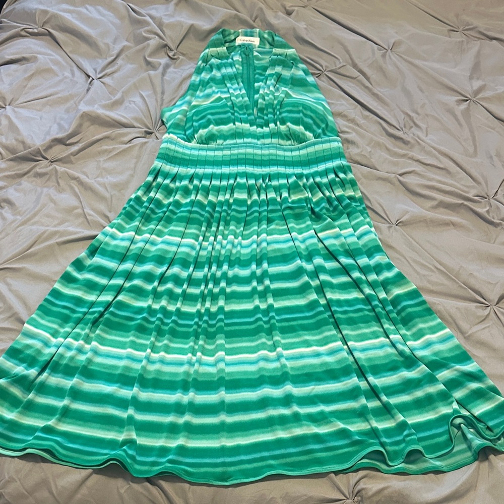 Calvin Klein Teal, green and White Striped halter Dress with built in Bra